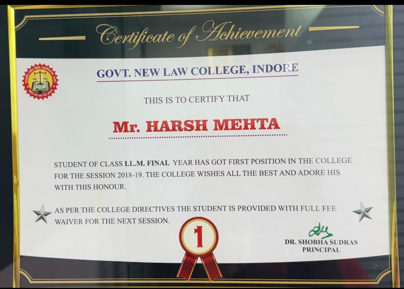 Dr. Harsh Mehta: Academic Distinction in Law (LL.M. Top Rank)